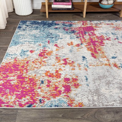 Sunset Modern Abstract Blue and Multicolor Synthetic 8' x 10' Area Rug