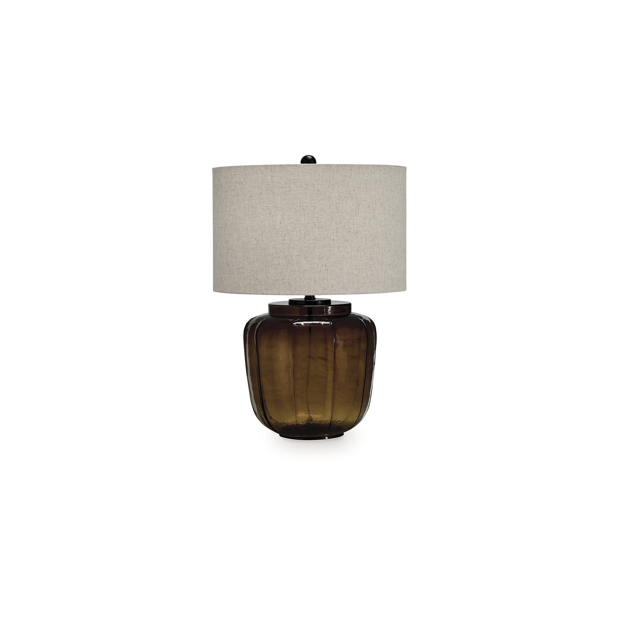 Signature Design by Ashley Bainmore 28" Modern Glass Table Lamp with Drum Shade, Deep Amber Finish, Black Metal, 3‑Way Switch