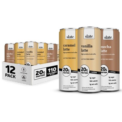 Slate Milk - High Protein Iced Coffee - Energy Variety Pack - Caramel Latte, Mocha Latte, Vanilla Latte - 11 Fl Oz (Pack Of 12)