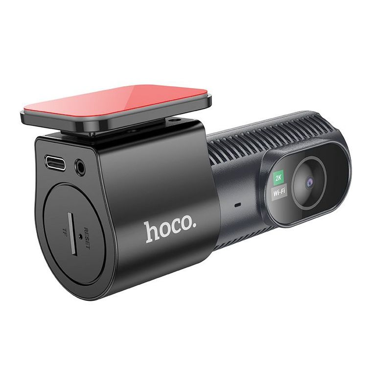 A black colored camera with a cylindrical design, featuring a lens on one end and a red colored mount on top, with the text "hoco." on the side.