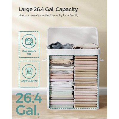 White Bamboo Foldable Laundry Hamper with Lid and Handles