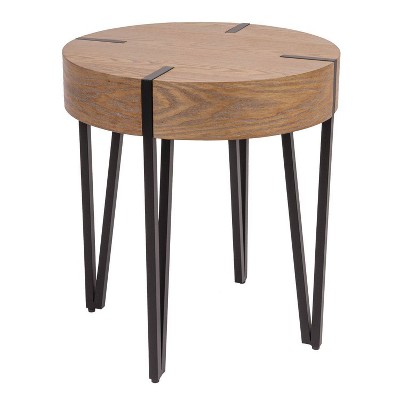 Natural Wood Round End Table with Black Metal Hairpin Legs