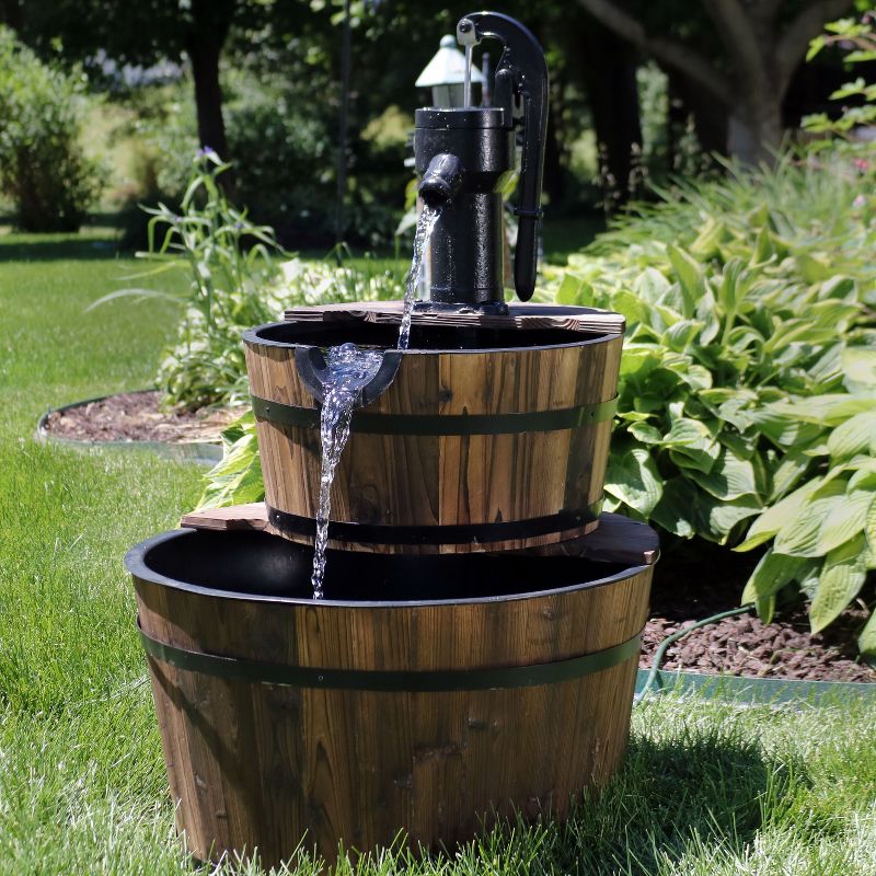 Sunnydaze 34"H Electric Fir Wood 2-Tier Farmhouse Barrel with Metal Decorative Hand Pump Outdoor Water Fountain, 3 of 13
