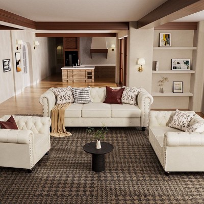 6 Seater Velvet Couches for Living Room Sets, Chesterfield Sofa Loveseat and Armchair 3 Pieces -Morden Fort