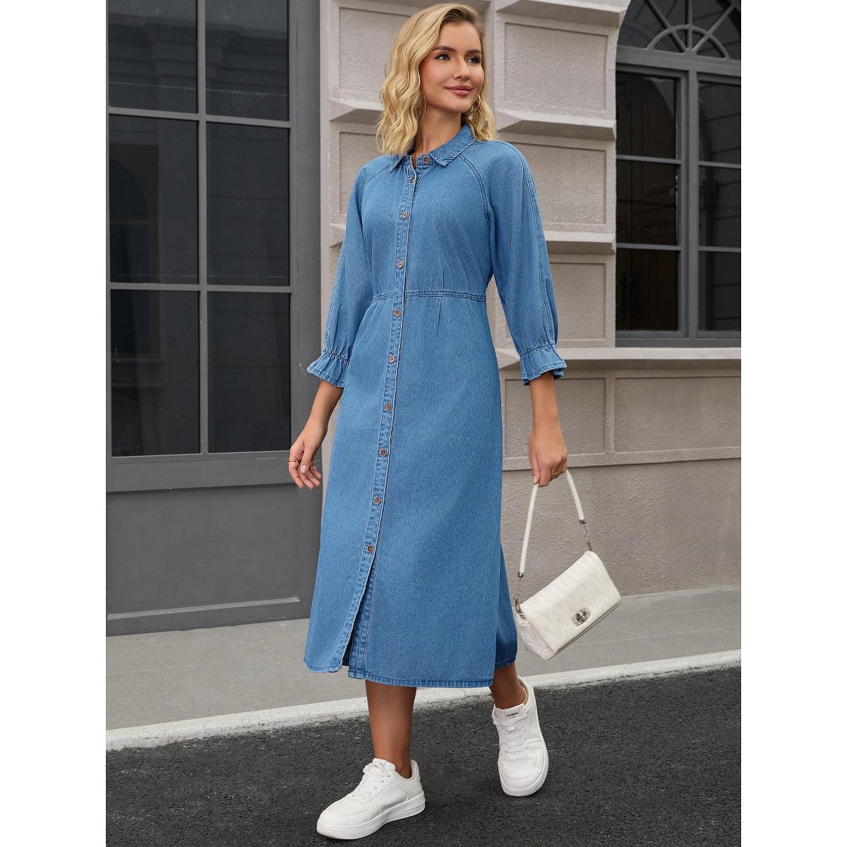 Женские платья INSPIRE CHIC Women's Denim Casual Ruffle Long Sleeve Button Down Midi Jean Shirt Dress Blue Small 2 Packs Blue/Light Blue XX-Large — фото 2