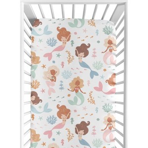 Sweet Jojo Designs Girl Baby Fitted Crib Sheet Mermaids Pink Blue and Orange - 1 of 4