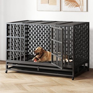 XBRIGH 48/42 Inch Heavy Duty Indestructible Dog Crate Steel Escape Proof, Indoor Double Door High Anxiety Cage, Kennel with Wheels, Removable Tray - 1 of 4