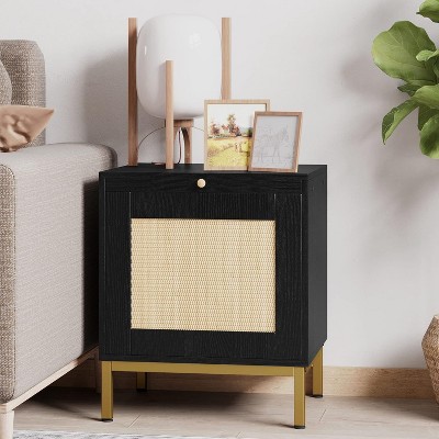 Homhougo Rattan Night Stand, Modern Farmhouse Pattern Side Table, End Table with Tray, Sofa Table with Storage Shelf for Bedroom, Living Room