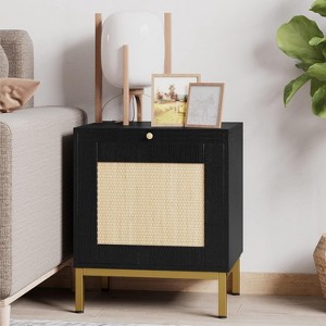 Homhougo Rattan Night Stand, Modern Farmhouse Pattern Side Table, End Table with Tray, Sofa Table with Storage Shelf for Bedroom, Living Room - 1 of 4