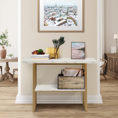 White Faux Marble and Gold Metal Console Table with Storage Shelf