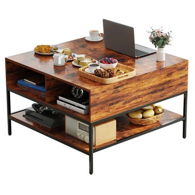 Lirago 32" Flip-Top Coffee Table Dark Walnut Black Metal with Lift-Top Design Hidden Compartment