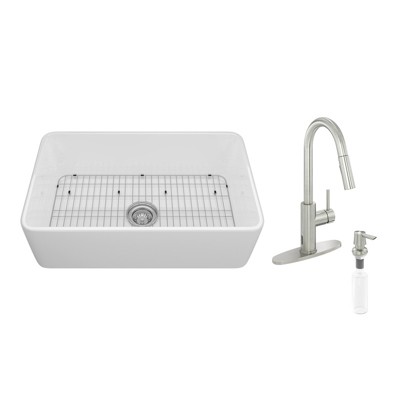 30'' Rectangular Fireclay Farmhouse Apron Kitchen Sink with Touchless Faucet, White/Brushed Nickel