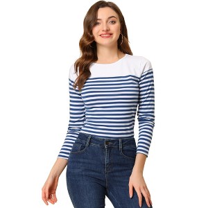 INSPIRE CHIC Women's Color Block Round Neck Long Sleeves Striped Basic T-Shirt - 1 of 4