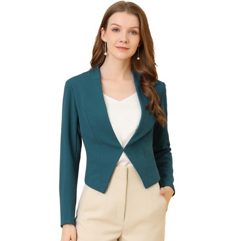 Allegra K Women's Collarless Work Office Long Sleeve Cropped Blazers Grey  Blue Medium