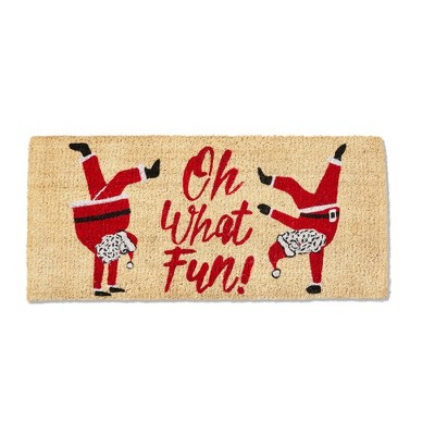 tagltd 1'6"x3'3" Oh What Fun Sentmeint Dancing Santa Coir Mat Rectangle Indoor Outdoor Coir Door Mat Red on Brown Background