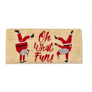 tagltd 1'6"x3'3" Oh What Fun Sentmeint Dancing Santa Coir Mat Rectangle Indoor Outdoor Coir Door Mat Red on Brown Background - 1 of 3