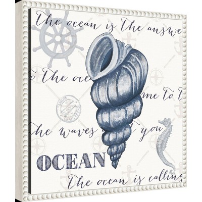 Indigo Ocean Treasures I Coastal Canvas Wall Art with White Beaded Frame