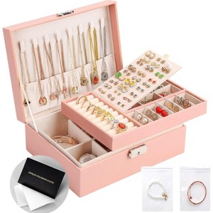 2-Layer Leather Jewelry Box with Lock, Travel Organizer with Removable Tray & Jewelry Bags - 1 of 4