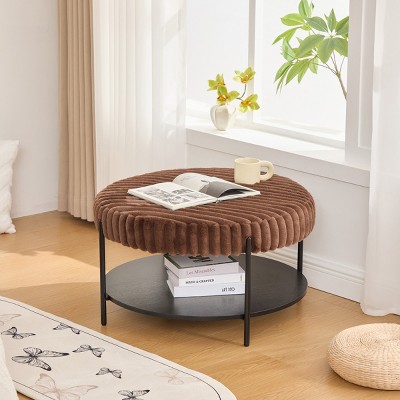 30.9" Round Faux Fur Ottoman Coffee Table with Metal Legs and Open Storage Shelf for Living Room or Bedroom-The Pop Home
