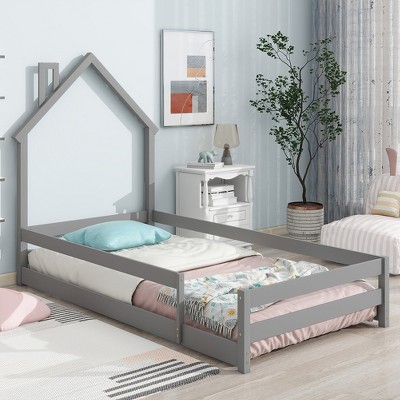 Pine Wood Floor Bed Frame With House Shaped Headboard Full-Length Guardrails Twin Size For Toddler Kids Girls Boys