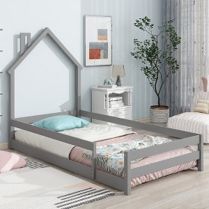Pine Wood Floor Bed Frame With House Shaped Headboard Full-Length Guardrails Twin Size For Toddler Kids Girls Boys - 1 of 4