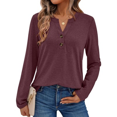 Women's 2025 Fall Long Sleeve Henley Top Dressy Casual V-Neck Blouse Trendy Loose Fit Button Up Shirts Cute T-Shirt