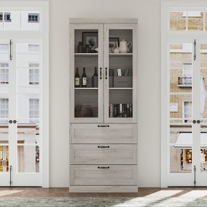 Famapy Grey - White Wood Grain Bookcase Bookshelf Standing Cabinet:Glass - Paneled Design,Ample Storage,Display & Organize - 1 of 4