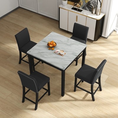 5 Piece Dining Table Set with 4 Upholstered Chairs, Counter Height Dining Set, Compact Mid-Century Modern Table and Chair Set, Gray+Black-ModernLuxe