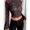 Women's Floral Bell Sleeve Crop Tops 70s Mesh Vinatge Western Country Concert Blouse  Lettuce Trim Mock Neck T Shirt - 2 of 4