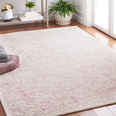 Handmade Pink and Ivory Floral Wool Tufted Square Rug