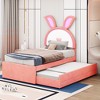 CAVINAS Twin Bed Frames for Kids, Bed Frame with Rabbit-Shaped Headboard, Upholstered Platform, Trundle and 3 Drawers, Embedded LED Lights, Pink - 3 of 4