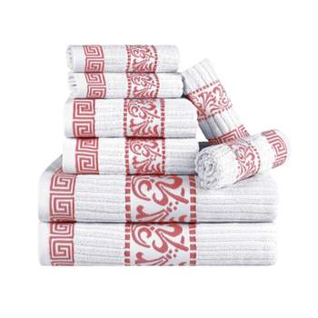 100% Cotton Medium Weight Floral Border Infinity Trim 8 Piece Assorted Bathroom Towel Set by Blue Nile Mills