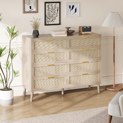 8-Drawer Rattan Dresser - Farmhouse Style with Golden Handles & 5 Sturdy Legs for Bedroom or Living Room
