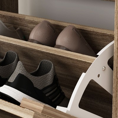 Natural Wood Shoe Storage Cabinet with Louver Doors and Flip Drawers