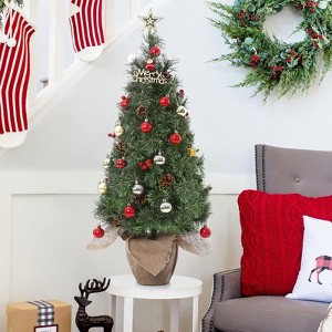 3FT Mini Pre-Lit Christmas Tree, Artificial Tabletop Snow Flocked Tree with 78 LED Lights, Pine Cones, Red Berries, Burlap Base - 1 of 4