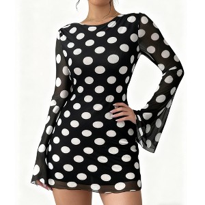 Women's Polka Dot Backless Mini Dress Flowy Chiffon Bell Long Sleeve Round Neck Party & Casual Dress - 1 of 4