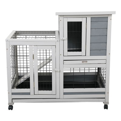 Rabbit Hutch, Wooden Guinea Pig Cage, Small Animal Enclosure With Caster Wheels, Run Area, Removable Tray, Lockable Doors And Ramp For Small Animals