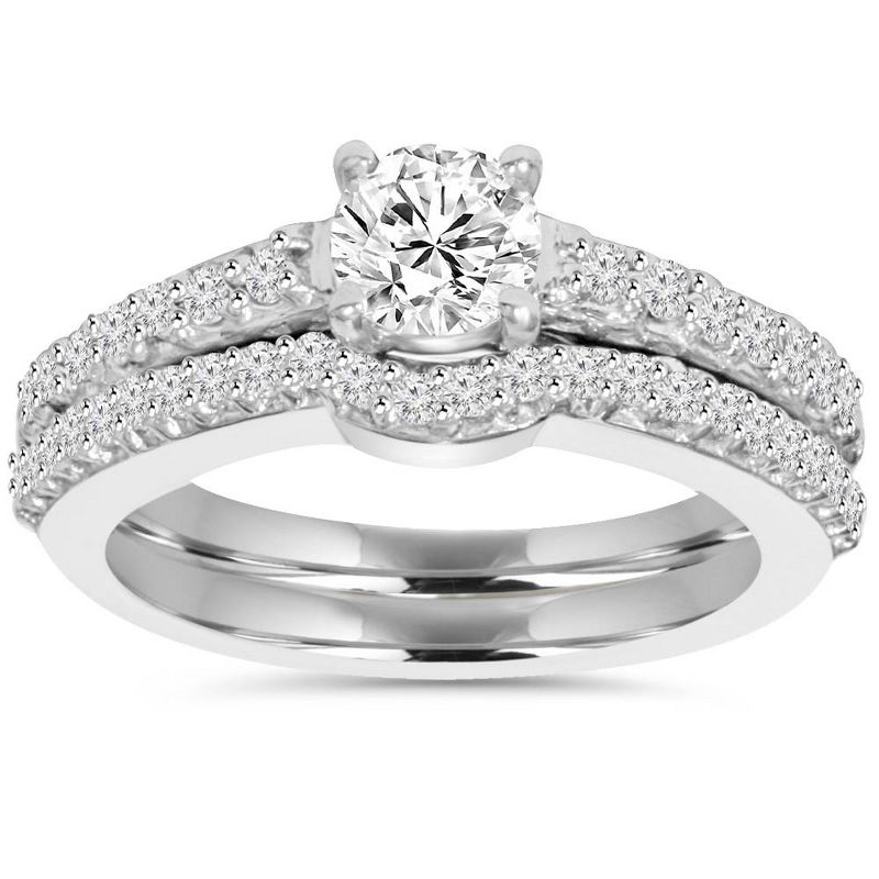 Pompeii3 1ct Round Cut Diamond Engagement Matching Wedding Ring Set 14K White Gold, 1 of 6