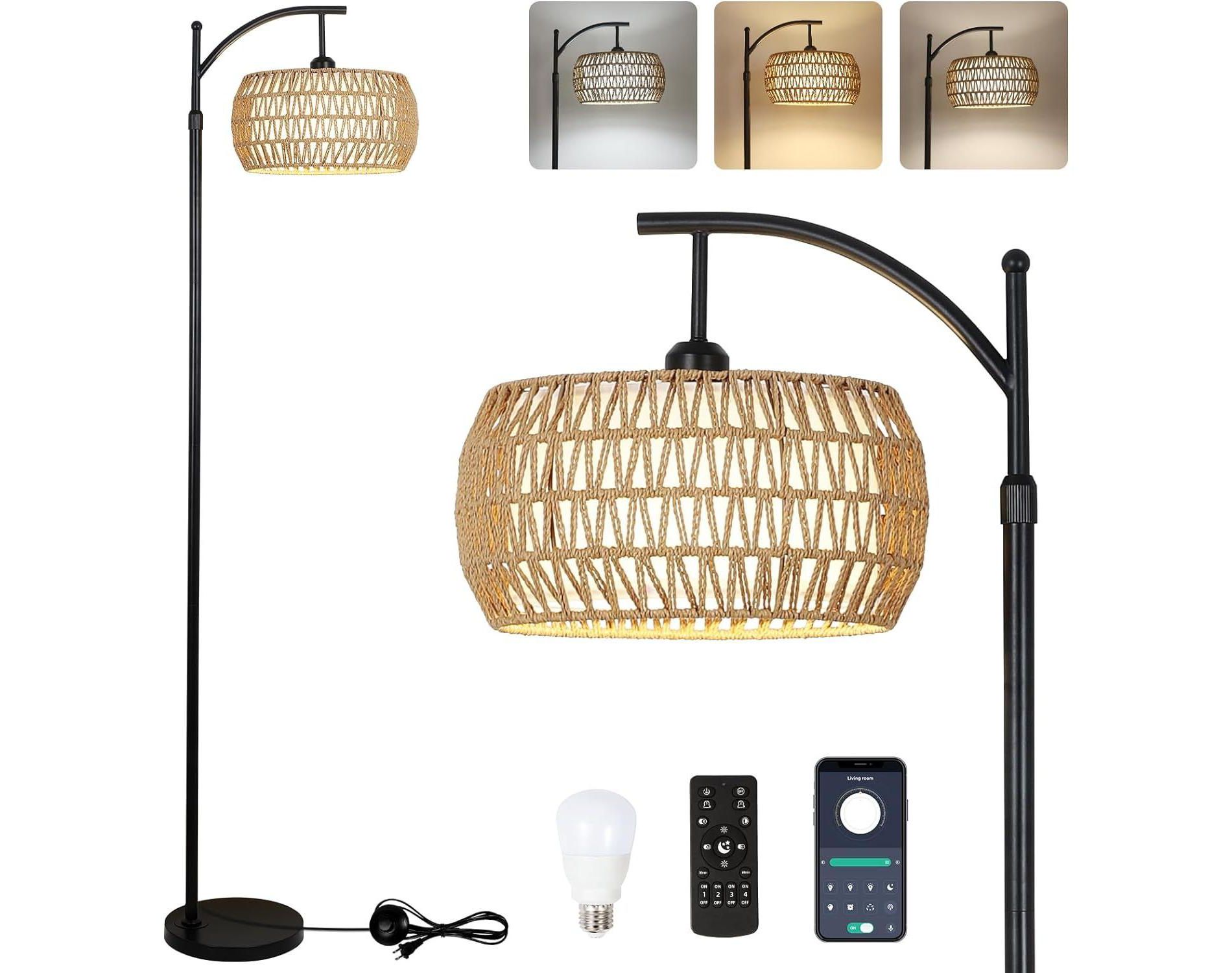 Arc Floor Lamp with Remote Control, Dimmable LED with 3 Color Temperature, Rattan and Fabric Double Drum Shade, Tall Pole Lamp for Boho Farmhouse