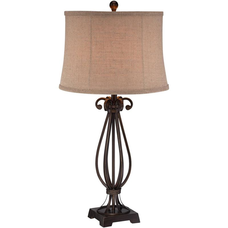 Regency Hill Taos Traditional Table Lamp 32" Tall Iron Open Scroll Base Neutral Burlap Shade for Bedroom Living Room Bedside Nightstand Office Kids, 1 of 7