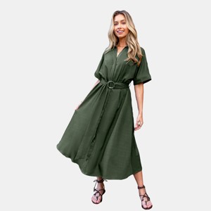 Women's Olive Green Collared Shirt Dress with Tie Belt - Cupshe - 1 of 4