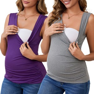 INSPIRE CHIC Women's 2 Pcs Crossover Ruched Maternity Sleeveless Basic Shirt Tank Nursing Tops - 1 of 4