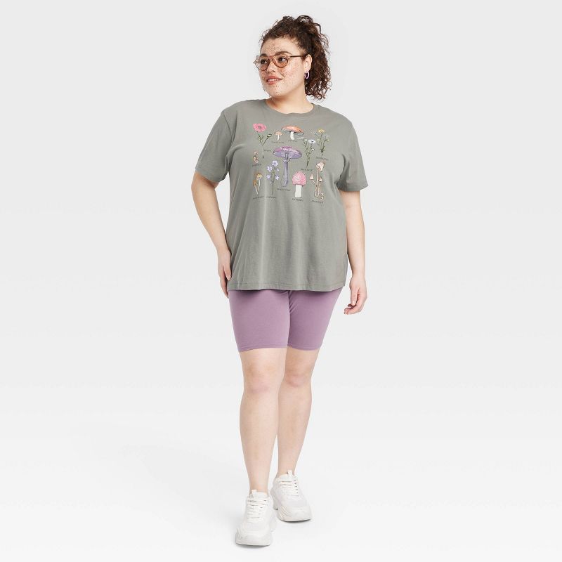 Women's Floral Mushroom Short Sleeve Graphic T-Shirt - Olive Green, 3 of 6