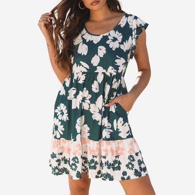 Amaryllis Women’s Floral Print Flutter Sleeve Scoop Neck Tiered Mini Dress with Contrast Hem and Side Pockets
