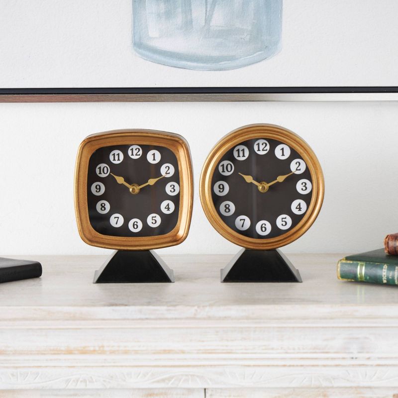 Set of 2 Metal Round and Square Tabletop Clocks with Black Bases and White Circle Hour Markers Gold - Olivia &#38; May, 2 of 10