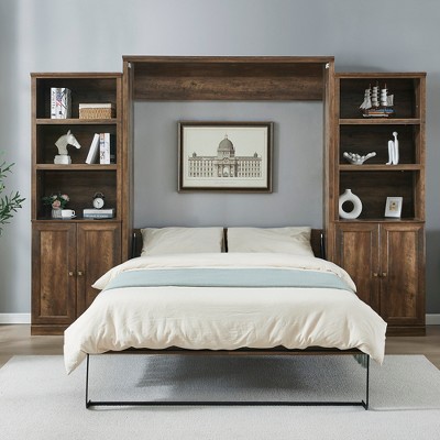 Queen Size Murphy Bed Wall Bed with Side Cabinet, Space-Saving Bed Perfect for Guest Room, Bed Room, Home Office, Rustic White/Brown -ModernLuxe