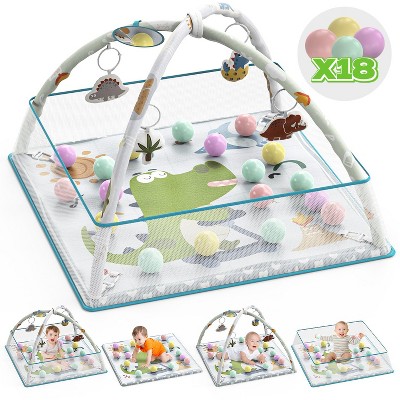 Skirfy 5-in-1 Baby Gym & Play Mat, Tummy Time Toys with Sensory Toys & 18 Balls for Newborns and Infants 0-12 Months