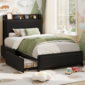 Twin Size Bed Frame with Storage Drawers and Charging Station, Upholstered Platform Bed with Headboard - 1 of 4