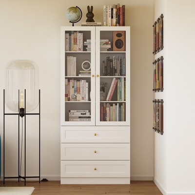 FUFU&GAGA 3 Drawer Bookcase Vertical Glass Door White Organiser