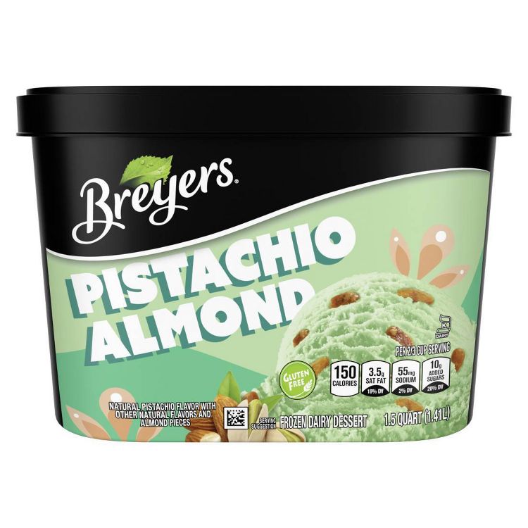Breyers Pistachio Almond Frozen Dairy Dessert, 1.5 quart container showcasing its gluten-free claim. The packaging features a scoop of green pistachio ice cream with almond pieces, nutritional info, and a playful splash graphic.